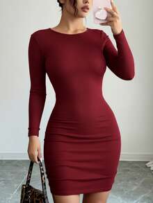 Vestido ajustado sexy nujer manga larga básico elegante look de noche estilo versátil mujer vestido fruncido elegante comodo atractivo - Burdeos - Ver 1