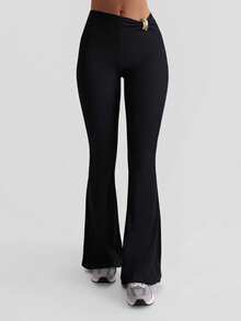 XLLAIS 春冬休闲低腰弹力运动喇叭裤 时尚金色纽扣加厚女裤 - 黑色 - 查看 5