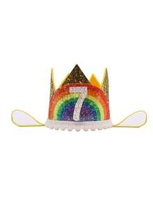 Sombrero de fiesta de cumpleaños con corona dorada con brillo arcoíris y dibujos animados, números adhesivos hechos a mano 1 2 3 4 5 6 7 8 9 corona arcoíris, sombrero de corona para fiesta de eventos festivos, sombrero de fiesta de cumpleaños - Dorado - Ver 20
