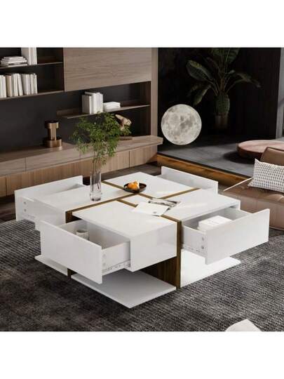 High Gloss Coffee Tafel Drawers, Unique Scheme Linear Storage Space Underneath. 78*78*34.8cm view 5