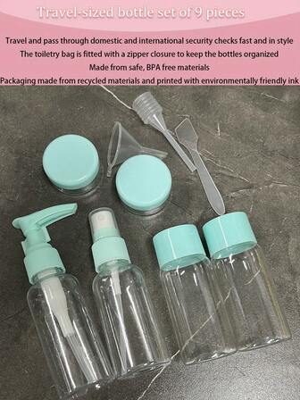 9件套旅行洗漱用品瓶套装，喷雾瓶，旅行收纳瓶，防漏硅胶挤压式旅行配件，旅行必备洗发水、护发素、润肤露等，旅行必备，旅行洗漱用品瓶，旅行装收纳瓶
