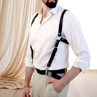 Stylish Black Faux Leather Y-Back Suspenders With Metallic Buttons – Retro Design, High-Quality Texture, Perfect For Casual Outfits And Fashion-Forward Looks, Casual Wear Suspenders | Y-Style Suspenders | Durable Leatherett