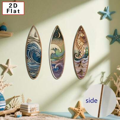 2D Flat - 3 PiecesWooden Surfboard Wall Art Set - Decorative Designs Of Sailboats, Sea Horses, And Night Waves, Indoor Beach-Themed Decor For Living Rooms, Ramadan, New Year, And Daily Life, Seaside Decor