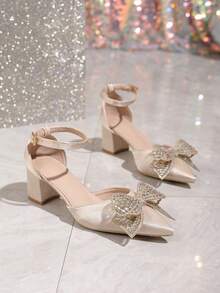 New Fashion Women's Pointed Toe Wedding Season High Heel Shoes, Hollow Out Chunky Heel Rhinestone Bow Slip-On Casual Comfortable Pumps