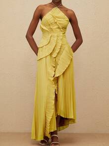 Women's Elegant Halter Neck Backless Maxi Dress Fall Sleeveless High Waist Ruffled Party Prom Evening Dresses Party Wear - Yellow - View 3