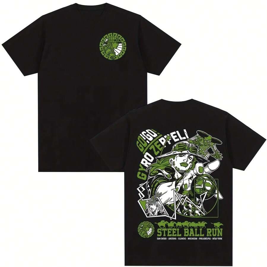 Anime JoJoS Bizarre Adventure T-Shirts Gyro Zeppeli Manga Graphic Print T-Shirt Men Women Cotton Casu - 黑色 - 查看 1