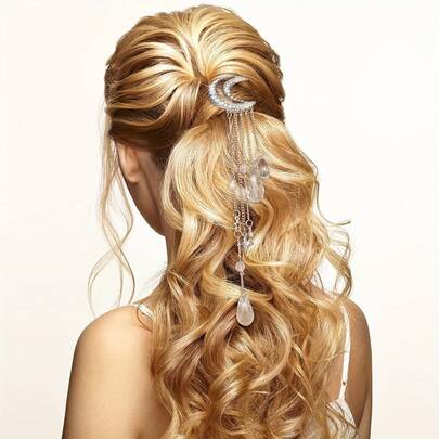 浪漫新月星形水晶吊坠发夹，镶钻珠子发夹，新娘首饰，流苏垂坠发夹，女士女孩发饰