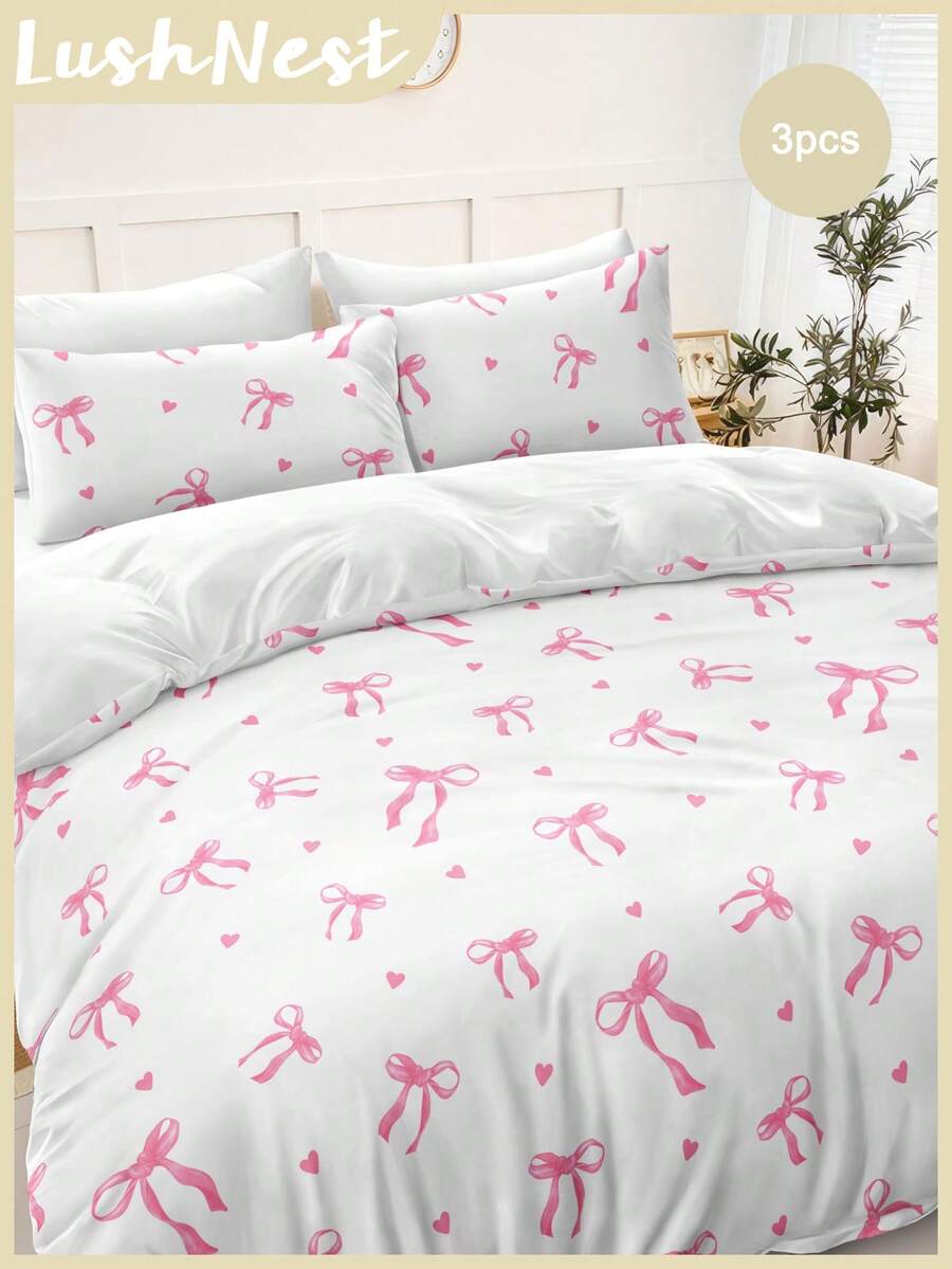 Bộ ga trải giường 3 món in hình trái tim và nơ màu hồng nước (1 ga trải giường, 2 vỏ gối, không bao gồm ruột gối), chất liệu polyester mềm mại, trang trí phòng ngủ, phù hợp với nhiều kích cỡ giường, ý tưởng quà tặng tuyệt vời.