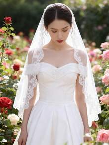 90cm White Single-Layer Lace Veil, Bridal Headpiece For Bachelorette Party, Wedding Ceremony, Photo Shoot,Festival,Elegant - White - View 6