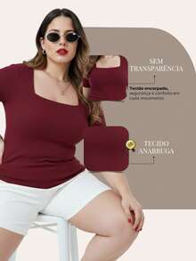 Women's Plus Size Square Neck T-Shirt, Marsala Color, Anarruga Fabric, Short Sleeve – 7 Colors, Sizes G1 To G3, Simple, Fabric: None, Knit, Beach, Daily, Christmas, New Year - 紅木色 - 查看 4
