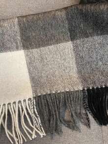 女士1件装100%羊毛格子围巾，高品质披肩，2025新款，冬季保暖围脖，生日礼物 - 黑色 - 查看 4