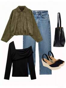 Women's Fashion Jacket, Christmas, Loose Suede Bomber Jacket With Pockets, Suitable For Autumn/Winter, Thanksgiving Attire - Olive Green - View 3