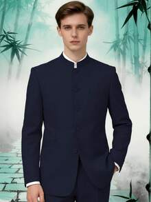 Chinese Suit For Men 2 Piece Suits Slim Fit Chinese Tunic Suits Stand Collar Weddig Prom Suit Blazer Pants Set - 藏蓝色 - 查看 1