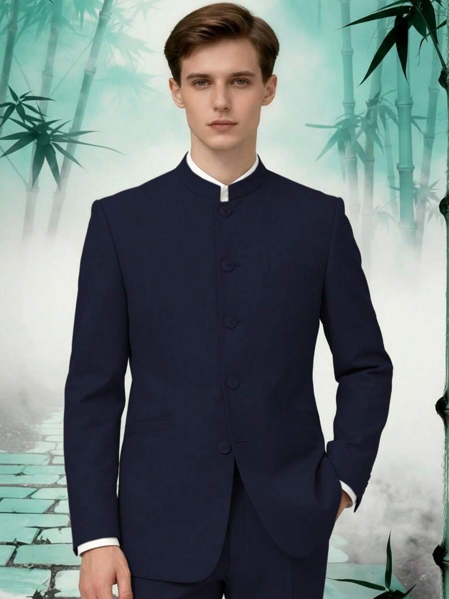 Chinese Suit For Men 2 Piece Suits Slim Fit Chinese Tunic Suits Stand Collar Weddig Prom Suit Blazer Pants Set - 藏蓝色 - 查看 1