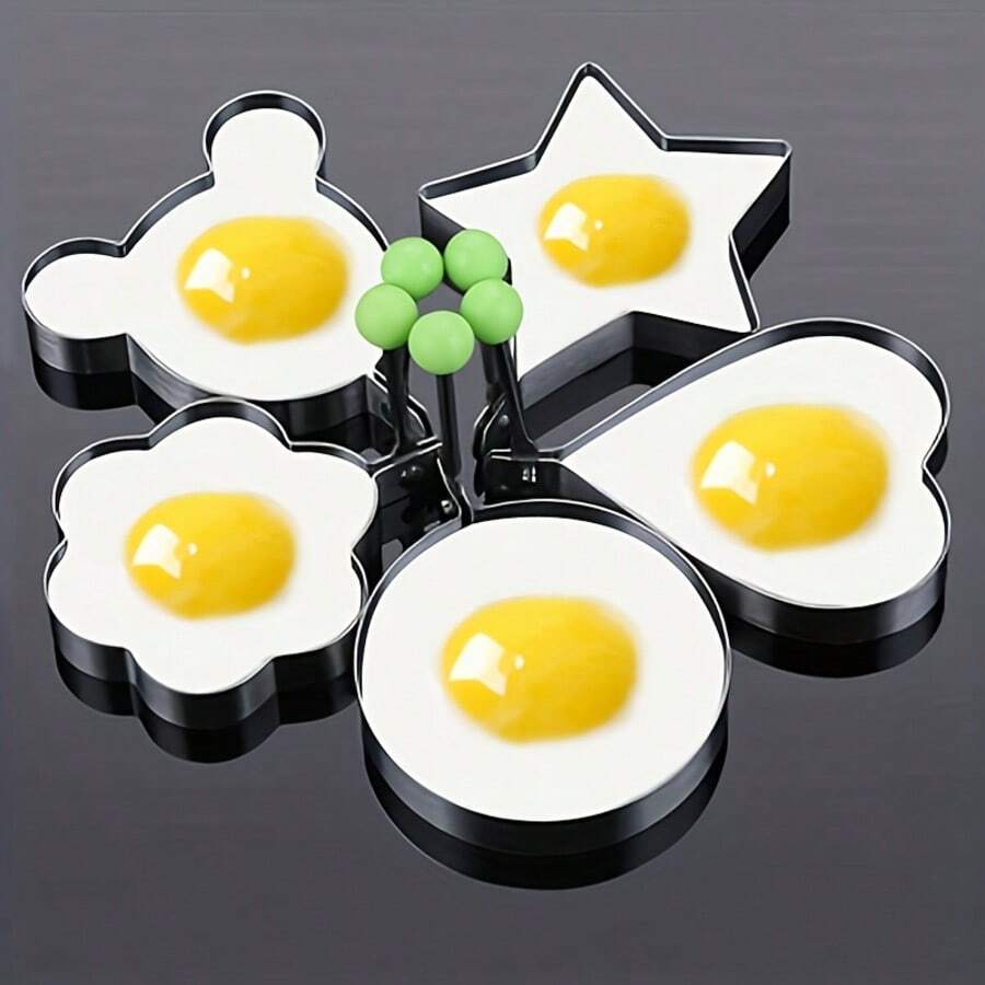 1件套不锈钢煎蛋和煎饼模具 - 5种独特形状（心形、星形、花形、圆形、卡通耳朵形） - 耐用、易于清洁的厨房工具 - 非常适合家庭烹饪和房车使用，适合制作煎蛋卷和煎饼