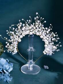 1 Stück luxuriöser romantischer Perlen- & Kristall-Dekor Braut-Krone, handgefertigter modischer Haarschmuck für Hochzeit, Party & Veranstaltungen