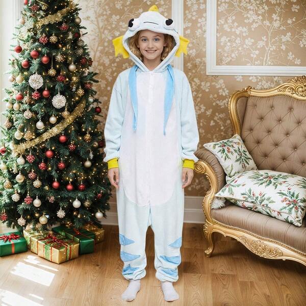 Pijama Entero Niño Carpa Cartoon Azul Claro Cremallera Capucha, Invierno Disfraz Navidad Halloween, Regalo Perfecto 3-12 Años