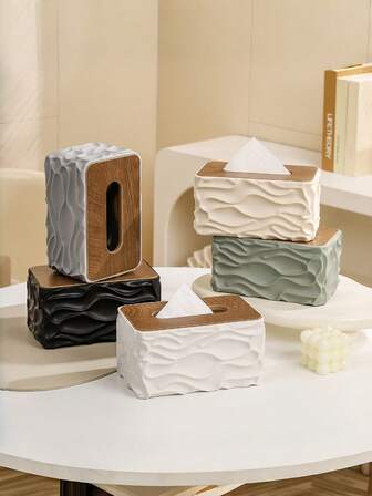 Large Capacity Desktop Tissue Box, Plastic Home Living Room Wooden Cover Paper Towel Storage Box