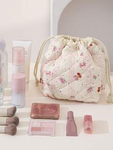 1个绗缝可爱蝴蝶结印花抽绳化妆包，大容量可重复使用化妆品收纳袋，便携式菱格纹高品质泡泡纱绗缝美观可爱包包——适合女孩和女士，可用于旅行、出差、桌面收纳、浴室收纳、带抽绳的洗漱包化妆品整理袋，节日礼物、生日礼物、化妆间装饰 - 彩色 - 查看 8