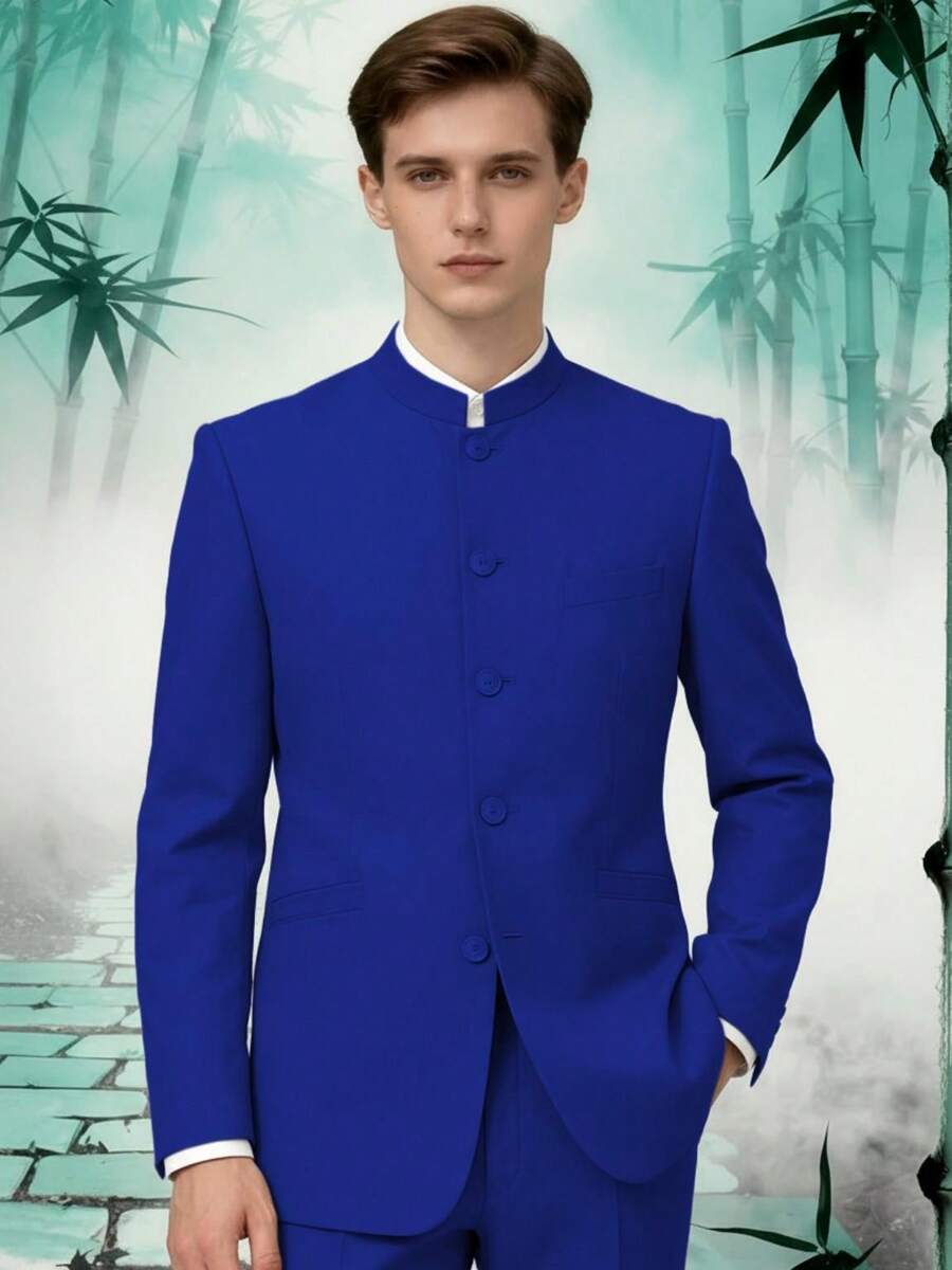 Chinese Suit For Men 2 Piece Suits Slim Fit Chinese Tunic Suits Stand Collar Weddig Prom Suit Blazer Pants Set - 寶藍色 - 查看 1