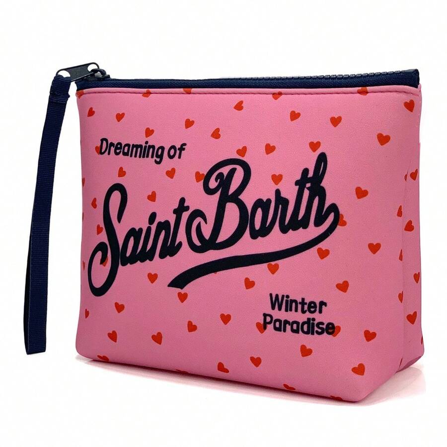 Integrated Travel Toiletry Bag, S-S-Aint B-B-Arth Material, Portable Striped Toiletry Bag, Makeup Bag, Handbag, Makeup Pouch, Waterproof Travel Bag, Zippered Travel Organizer, Lightweight Makeup Case, Unisex Travel Gift - 愛心粉 - 查看 1