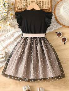 少女优雅夏季休闲连衣裙，荷叶边下摆心形蓬松网纱公主裙，配蝴蝶结腰带，适合情人节、节日派对和日常外出穿着。 - 黑色 - 查看 2