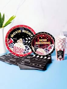 Movie Night Theme Disposable Plate, Napkin, Cup Set, Plates, Napkins And Cups Party Supplies, Serves 8 Guests, Disposable Paper Plates Party Tableware Suitable For Birthday, Wedding, Theme Party, Family Picnic - Multicolor - View 3
