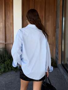 Women's Light Blue Long Sleeve Button-Down Shirt With Collar And Pockets, Regular Length, Non-Stretch Polyester Fabric, Classic Women's Long Sleeve Shirt, Fashionable Casual Wear For Daily Office - Baby Blue - View 4