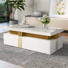 Modern Rectangular Coffee Table With High-Gloss Top, 2 Wooden Drawers, Marbled Tabletop, For Living Room, 100*50*40 Cm - White - View 7