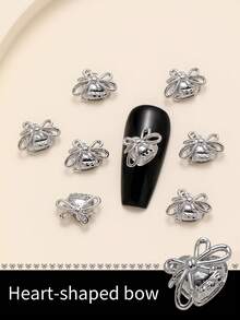 10pcs Heart-Shaped Bow Nails Charms, Japanese Style Nail Decorations, Suitable For DIY Nail Art And Personal Use In Nail Salons Nail Art Supplies - Silver - View 1