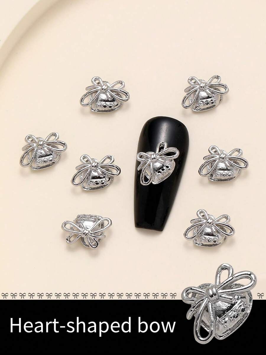 10pcs Heart-Shaped Bow Nails Charms, Japanese Style Nail Decorations, Suitable For DIY Nail Art And Personal Use In Nail Salons Nail Art Supplies - Silver - View 1