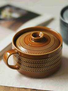 540ml Handled Bowl With Lid, Japanese Kiln-Fired Glaze Embossed Texture, Large Capacity Cup With Lid, Suitable For Pasta, Rice, Breakfast Oatmeal, Ceramic Lard Pot