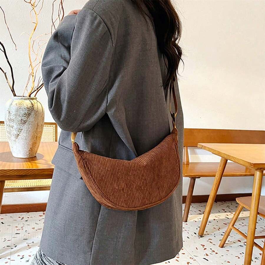Bolso bandolera pequeño vintage de pana para mujer, tipo media luna, ligero, con correa larga. - marrón claro - Ver 1