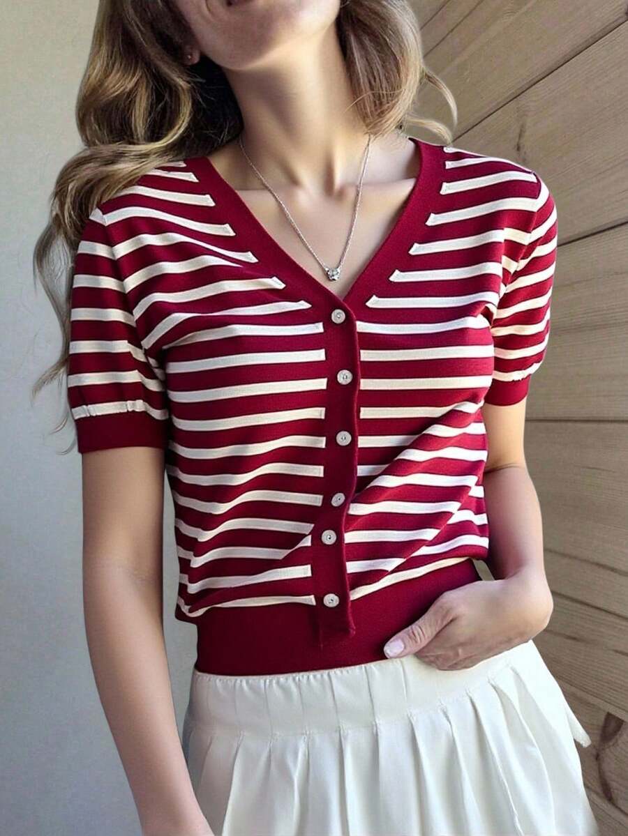 blusa de manga larga blusas casuales para dama Cárdigan abotonado a rayas, blusas de manga corta, ropa de verano y otoño - Rojo - Ver 1