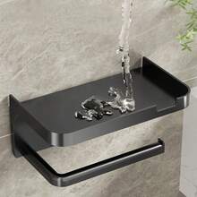 1pc Self-Adhesive Toilet Paper Holder, Plastic Powder Coated Multi-Purpose Bathroom Tissue Dispenser + Storage Rack 2 In 1, Waterproof, Easy To Install Wall-Mounted Accessories Bathroom Accessories Bathroom Tools