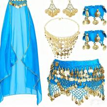 女士肚皮舞服装套装，包括肚皮舞臀巾、裹身配饰、硬币吊坠项链、耳环、手镯和万圣节肚皮舞服装 - 彩色 - 查看 13