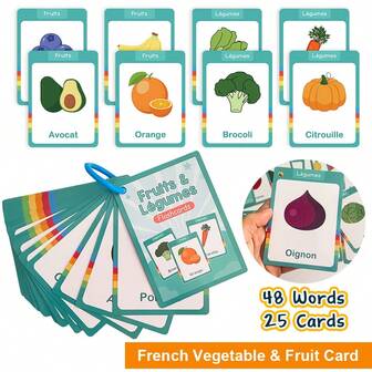 Lachilly 48 Wörter Französisch Lernkarten für Kinder, Vorschule Kindergarten, 25 Karten Gemüse & Obst, Frühkindliche Bildungskarten, Montessori