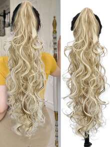 Synthetic 32 Inch Long Body Wave Ponytail Hair Extension Heat Resistant Claw Curly Wavy Ponytail Hairpieces For Women Blonde With Brown Daily Party Festival Use - Multicolor - View 15