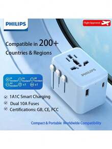 PHILIPS Adaptador de viaje multicontenedor SPB1015 con 1 puerto USB + 1 puerto Tipo-C, compatible con Australia y Nueva Zelanda, ligero y portátil, admite la carga de dispositivos. - Tipo de Enchufe B USA (220-240V) - Ver 1
