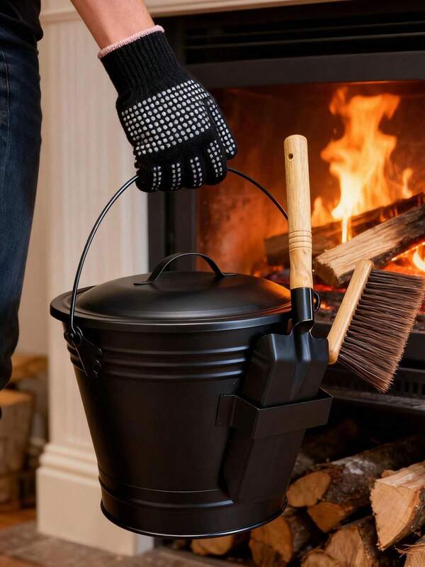 طقم أدوات مدفأة معدنية ثقيلة الوزن، دلو رماد مقاوم للهب 4 قطع مع غطاء، مجرفة، فرشاة وقفازات مقاومة للحرارة، للاستخدام الداخلي والخارجي في المدفأة، موقد الخشب، شواية الشواء