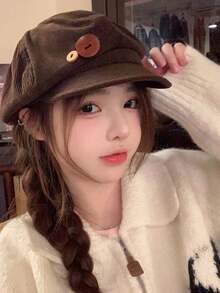 可调节女士帽子，复古棕色，纽扣装饰，百搭，适合秋冬季佩戴 - 彩色 - 查看 5