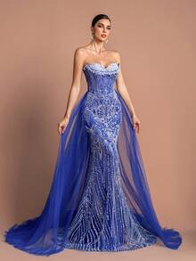 Elegant Women's Strapless Long Party Dress, Adorned With Delicate Pearl And Contrast Mesh Details - 寶藍色 - 查看 7