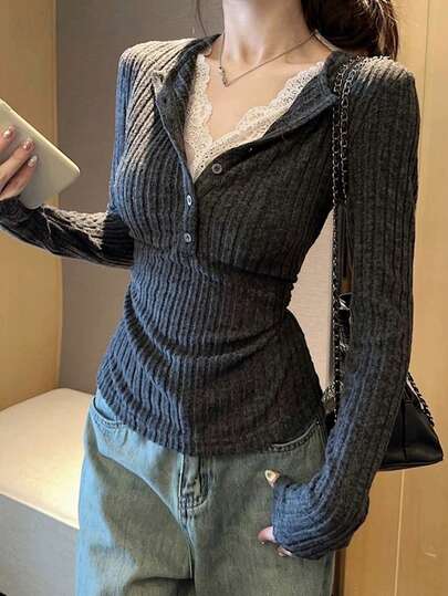 Buttons Detail Casual Lace Ruched 2 In 1 Brushed T-Shirt Top