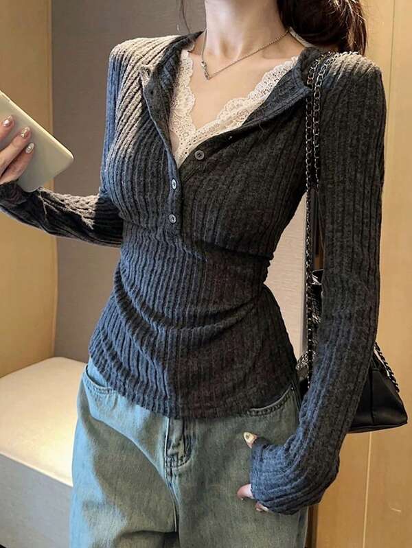 Buttons Detail Casual Lace Ruched 2 In 1 Brushed T-Shirt Top