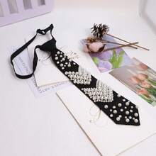 Corbata de perlas para mujer, elegante, estilo preppy, pre-atado, negro, collar, corbata, accesorio de moda para fiestas diarias. - Multicolor - Ver 3