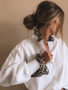 1 pieza Camisa de mujer con botones y cuello de solapa con estampado de leopardo y unicolor de poliéster, adecuada para uso diario y festivales, primavera, verano, otoño blanco - Blanco - Ver 2