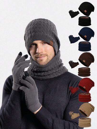 New European And American Style Men's Knitted Hat, Winter Warm Fleece Hat, Scarf And Gloves 2-Piece/3 Pieces Set, Cold-Proof Beanie