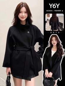 [Y6Y] 女士时尚黑色梭织面料外套，翻领，长袖，腰带，常规长度，冬季百搭单品 - 黑色 - 查看 1