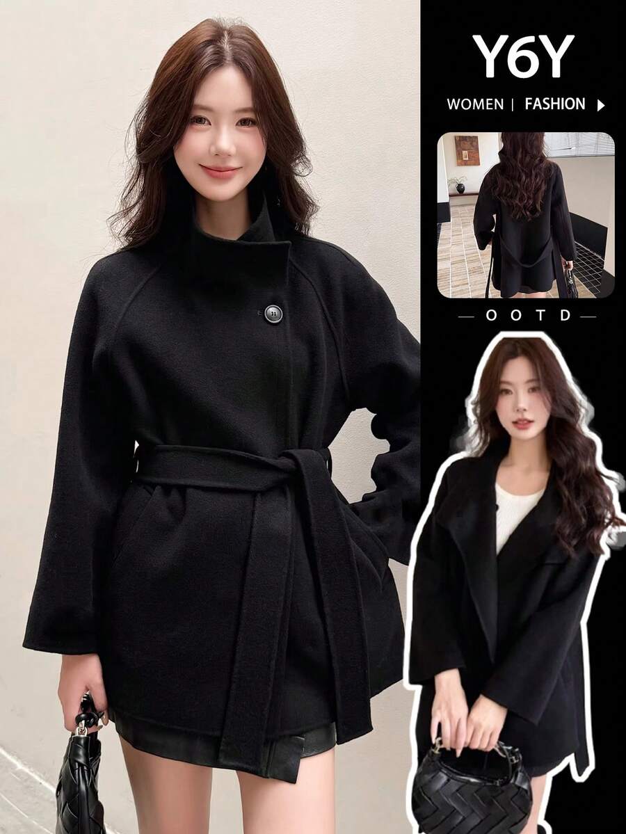 [Y6Y] 女士时尚黑色梭织面料外套，翻领，长袖，腰带，常规长度，冬季百搭单品 - 黑色 - 查看 1