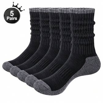 5 Pairs Men Solid Color Boot Calf Socks, Cushioned Boneless Slouch Socks Autumn And Winter Thermal Lined Tube Socks, Scrunch Socks Slouch Tube Socks For Men And Women Black, Cozy Socks